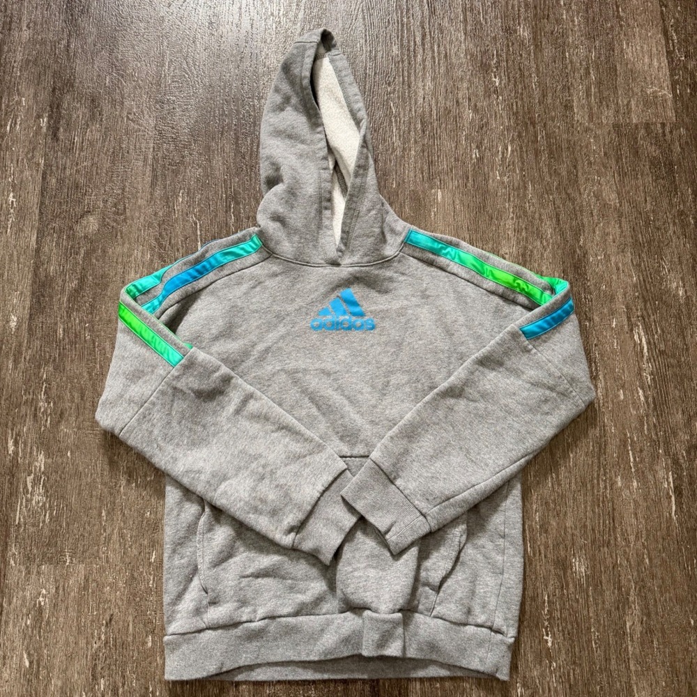 Kids Adidas Gray Hoodie‎ Sweatshirt Tricolor Stripes Logo Size L 14 16